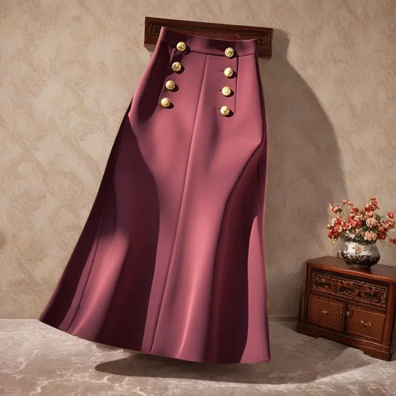 Nueva moda de otoño, falda de oficina con doble botonadura para Mujer coreana, Faldas por debajo de la rodilla ajustadas de cintura alta para Mujer, Faldas de fiesta para Mujer 441P