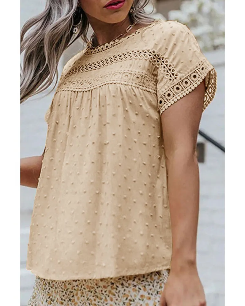 Women Fashion O-neck Lace Swiss Dot Solid Tops Blouse Hollow T-Shirt 2024 Summer Short Sleeve Boho Sweet Casual Female Blouses