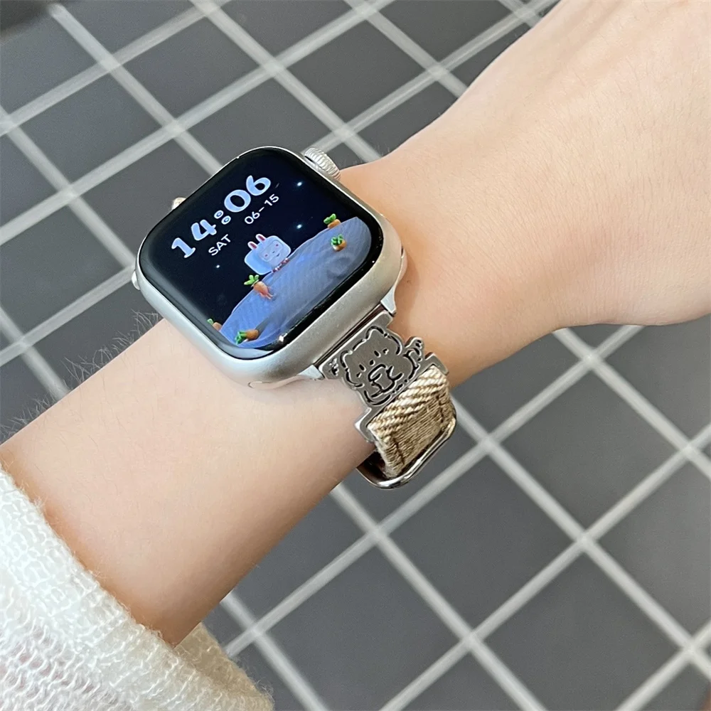 Cute Washed Denim Cartoon Dog Watch Band For Apple Watch 44mm 40 45 41 49 42 38mm Soft Strap For Ultra Series 9 8 SE 7 6 5 4 3