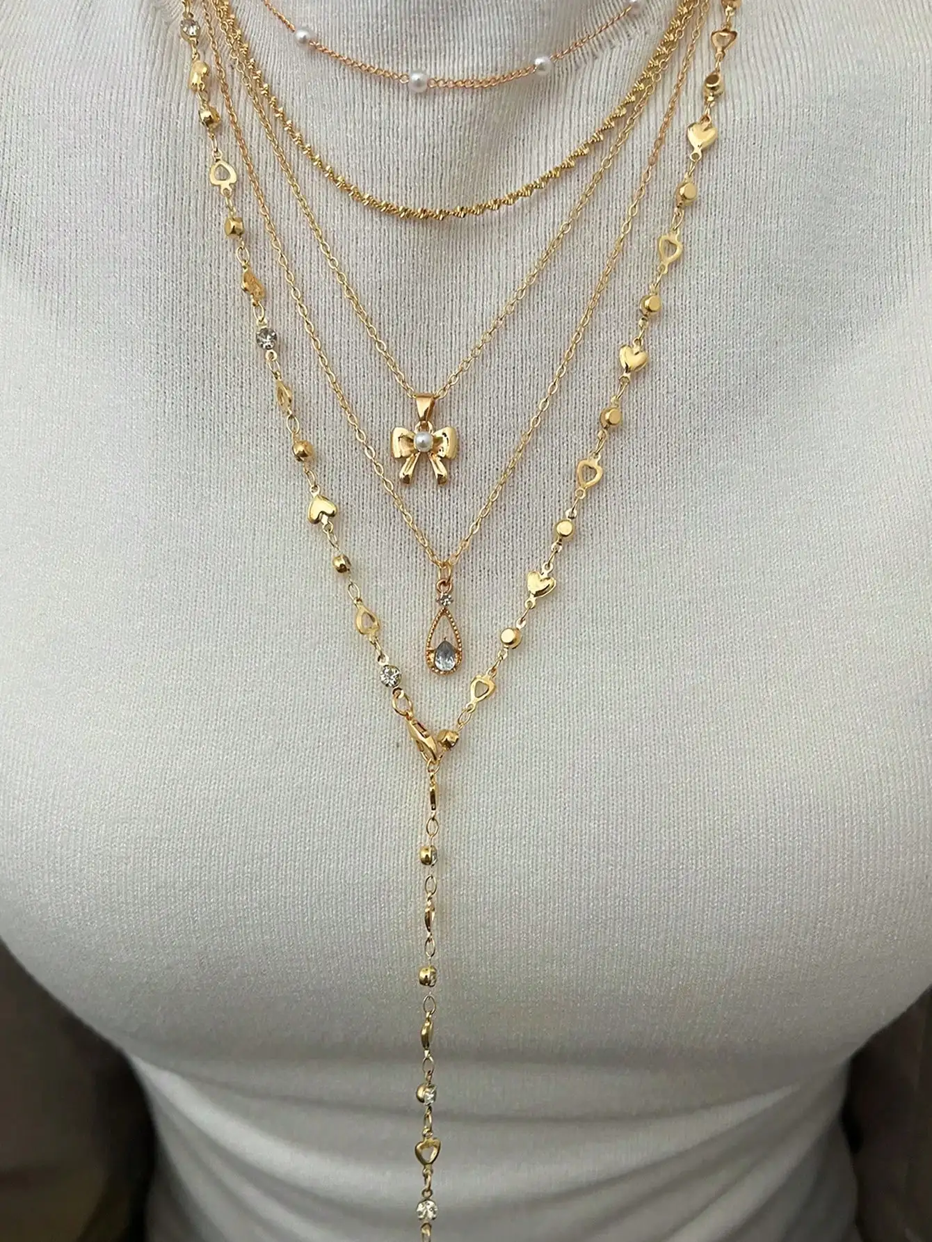 

5pcs Y-Shaped Necklace Set, Fashion Minimalist Elegant Vintage Design With Bow, Water Drop, Heart, Rhinestone, Faux Pearl, Tassel Pendant, Y-Necklace, Suitable For Holiday, Party, Daily Wear, Gift,Perfect gift