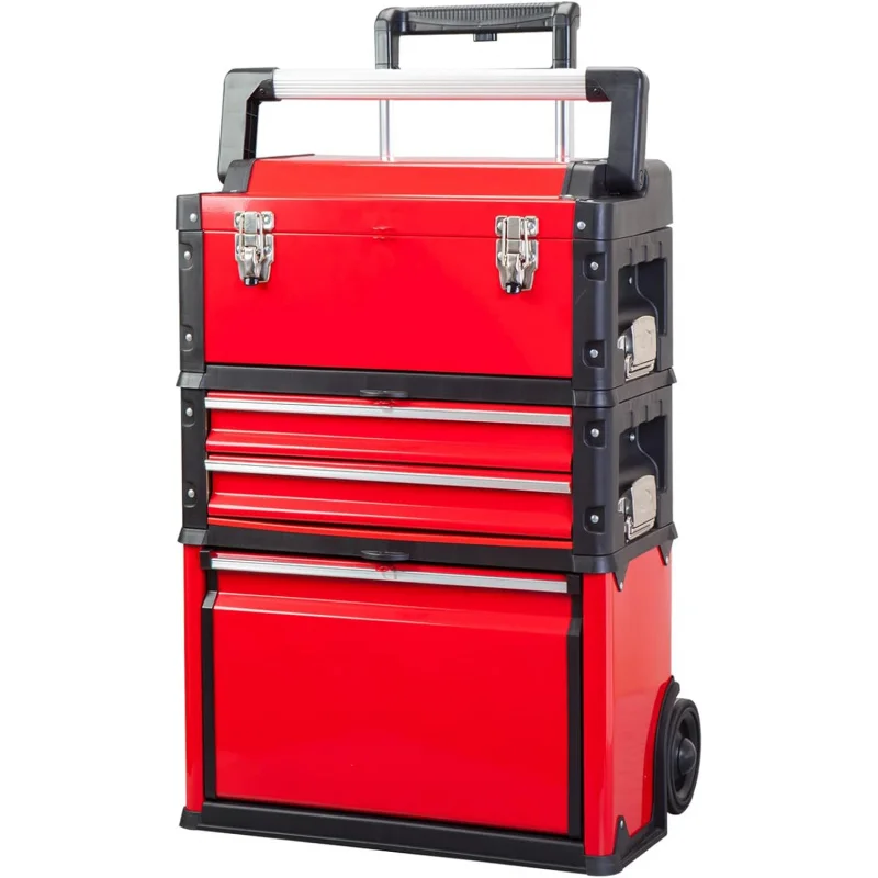 BIG RED Garage Workshop Organizer: Portable Steel and Plastic Stackable Rolling Upright Trolley Tool Box