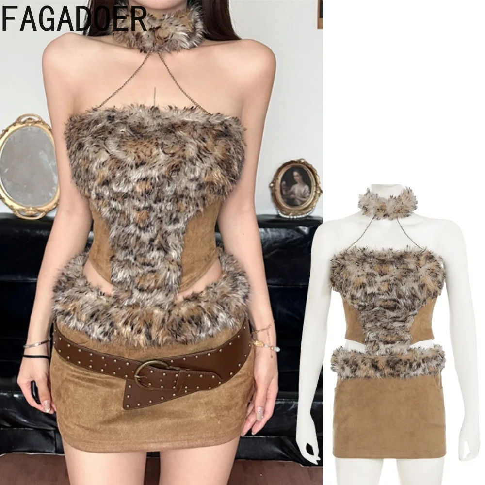 

FAGADOER Sexy Leopard Print 2 Piece Sets Women Outfit Halter Fur Patchwork Crop Top And Mini Skirt Suits Hot Girl Streetwear New