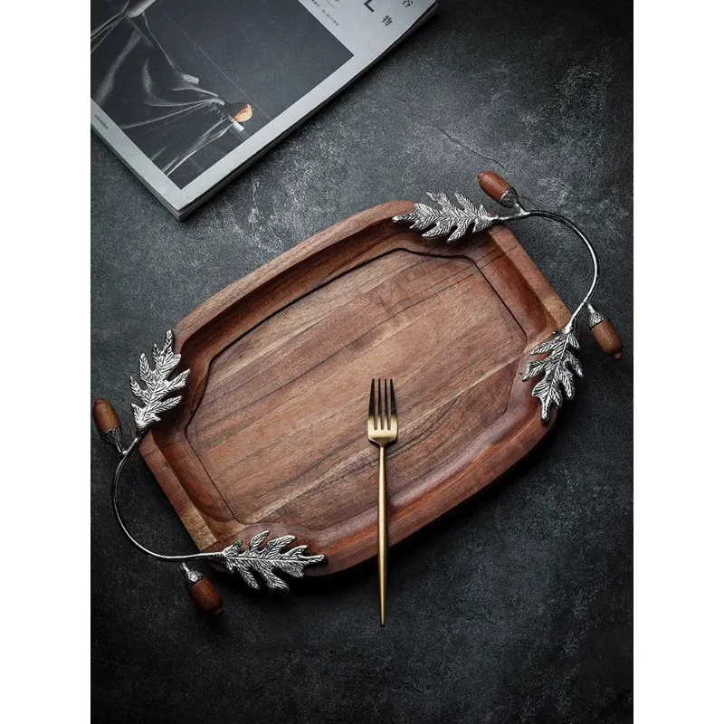 High-grade light luxury retro decorative fruit plate square solid wood storage tray creative decorative ornament antique storage