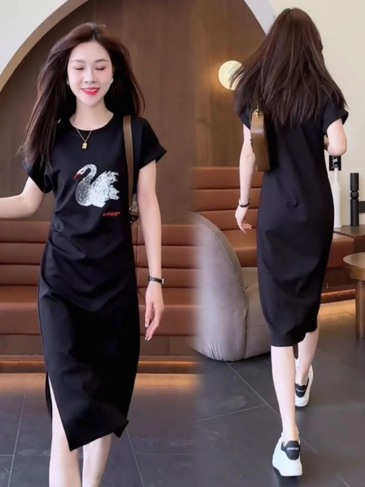 Summer New round Neck Short Sleeve Midi Dress Women's Fashionable Elegant Simple Youthful Casual Skirt Trendy Split Dress