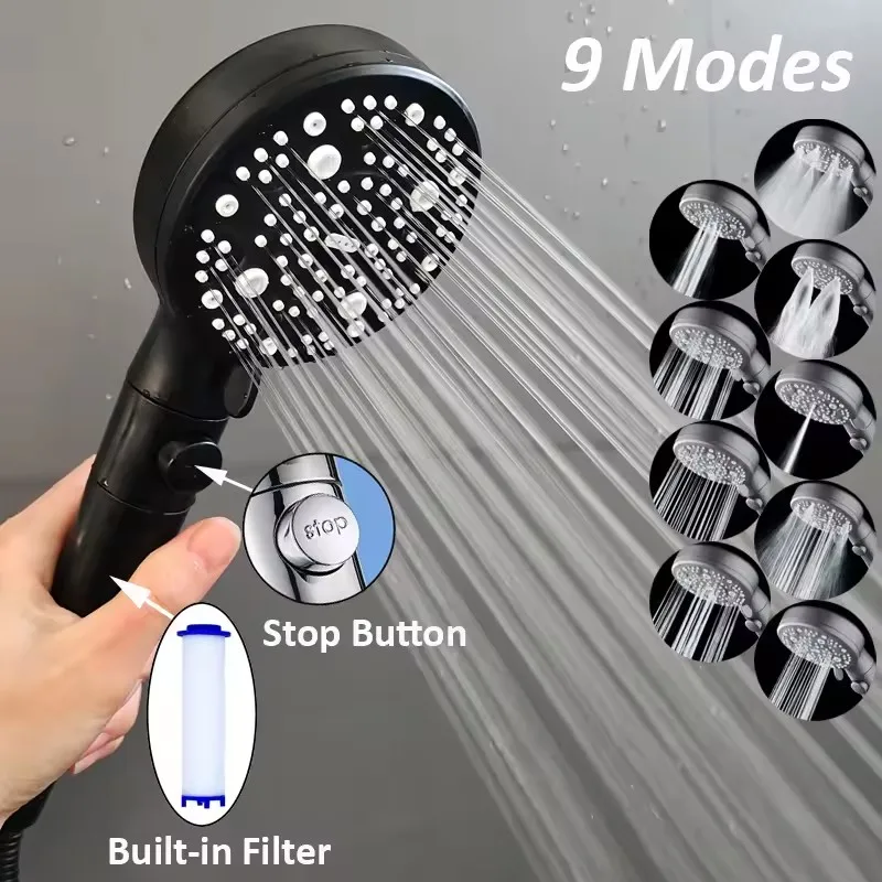 

Filter 9 Modes Adjustable Shower High Pressure Shower Head with Hose Water Saving One-Key Stop Spray Nozzle Bathroom Accessories