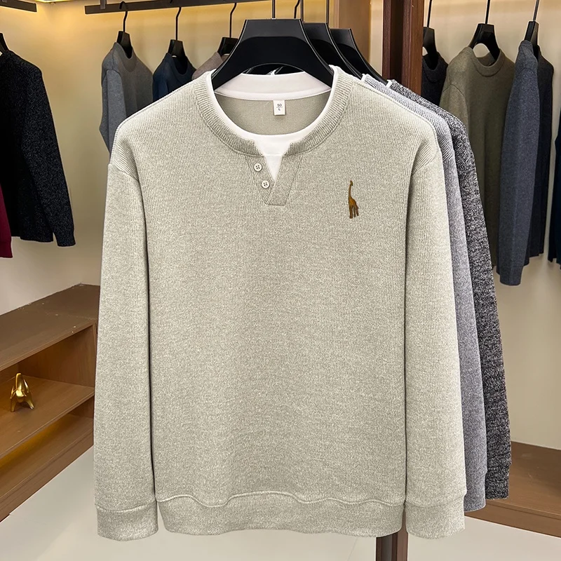 Autumn New Men's False Two-Piece T-Shirt Embroideryed Print Long Sleeve Solid Color Comfort O-Neck Top Casual Fashion Men's Wear