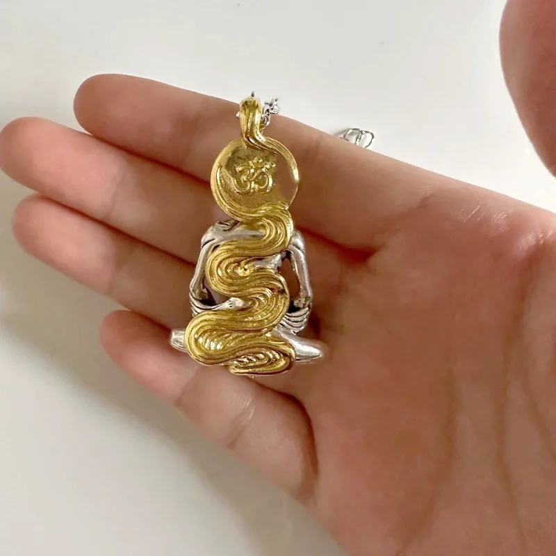 Ciondolo retrò Avalokitesvara Collana da uomo placcata in argento massiccio Ciondolo amuleto Buddha Maitreya invecchiato Bodhi Vecchio ancoraggio Saf