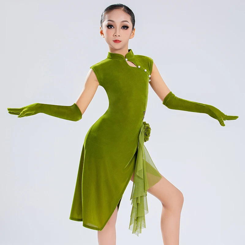Kids Performance Dancing Dress Green Ballroom Dance Competition Clothes For Girls Latin Dance Party Dresses Dancewear SL12869