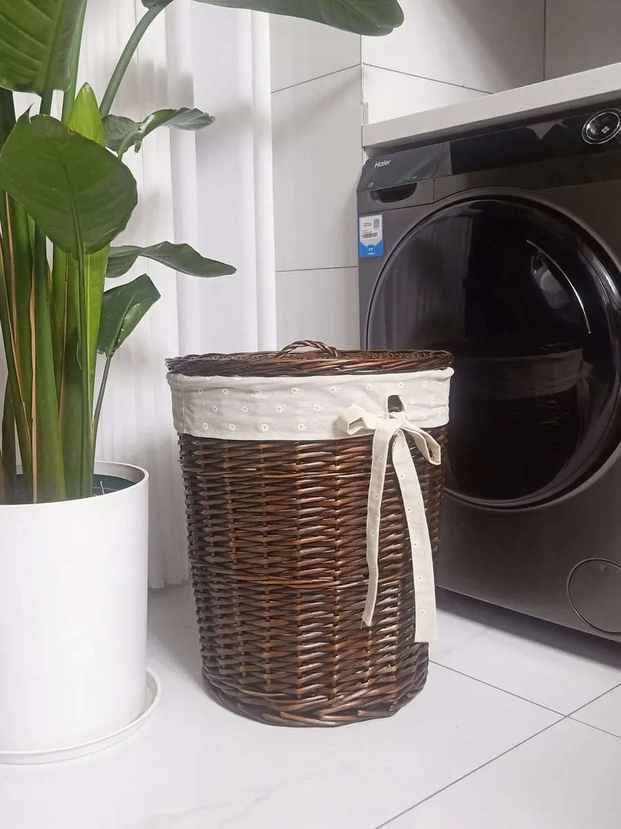 Rattan Wicker Laundry Basket Household round with Lid Storage Basket Laundry Baskets