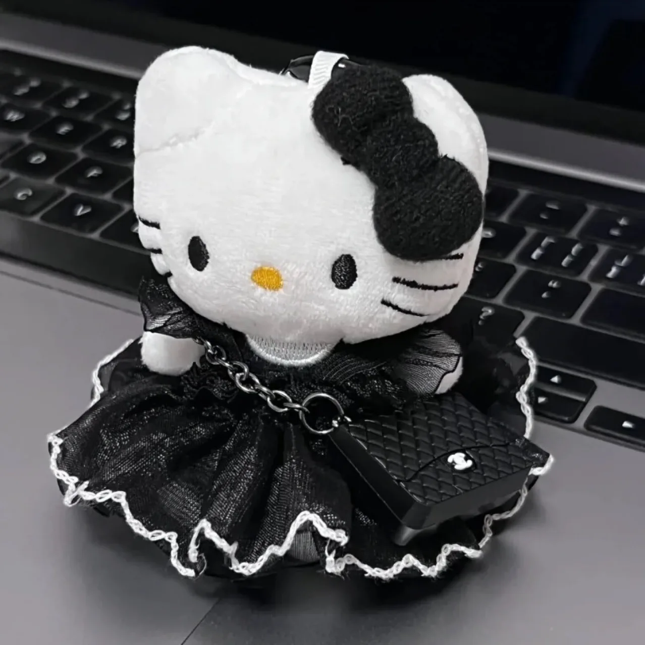 Keychain Black Leather Puff Skirt Hello Kitty Cute Cartoon Doll Plush Doll Bag Pendant Small Accessories Pendant Girl'S  Present