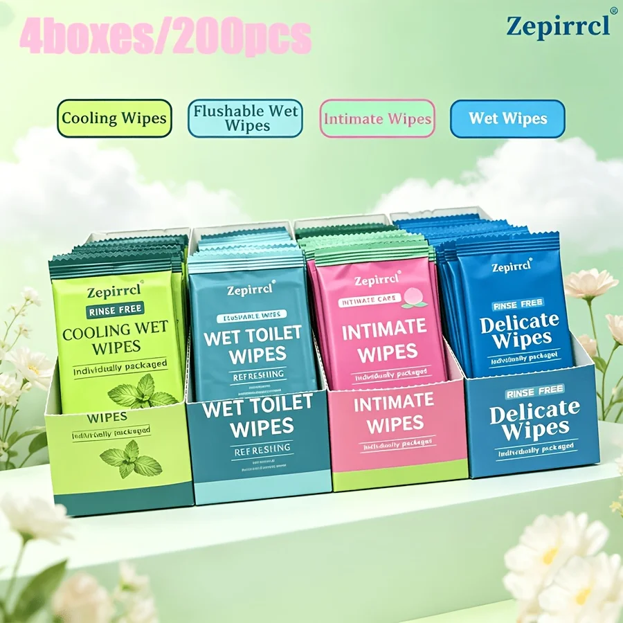 4 Boxes Total 240 PCS Individually Wrapped Wet Wipes Variety Combo Pack, All-in-One Multifunctional Cleansing Wipes Combination Set, Rinse Free Portable Single Pack Wipes for Travel Bathroom Outdoor Daily Personal Hygiene
