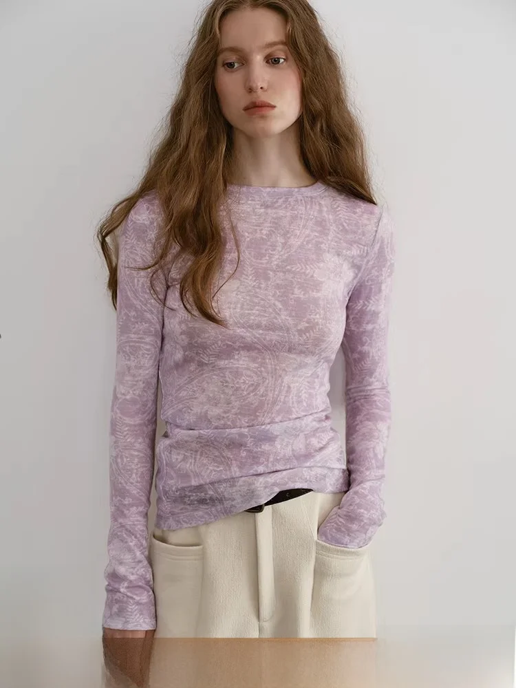 

Оригинальная ретро-футболка с принтом пейсли, длинным рукавом и круглым вырезом, облегающая, для ношения под одеждой, женская, повседневная, из полиэстера.