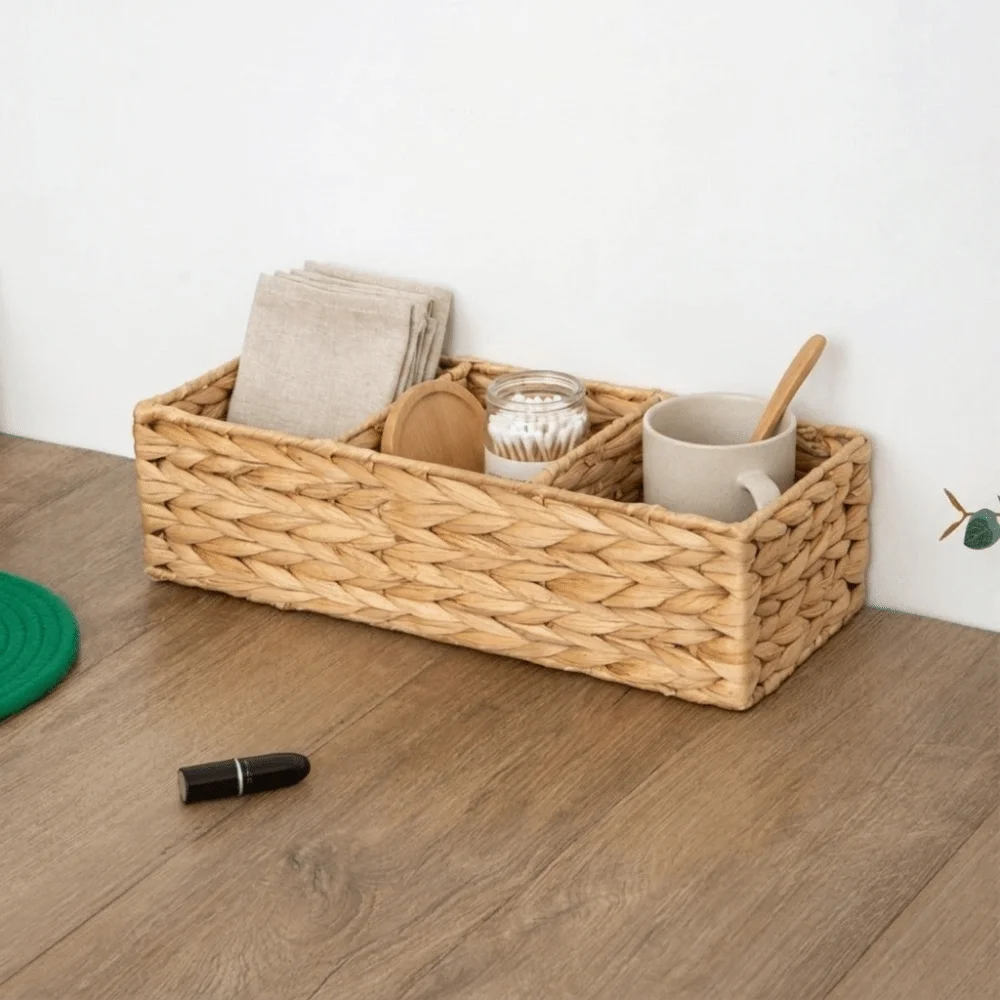 3-Section Storage Box Multi-Purpose Large Capacity Woven Storage Basket Decorative Space Saving Desktop Organizer Home Bedroom