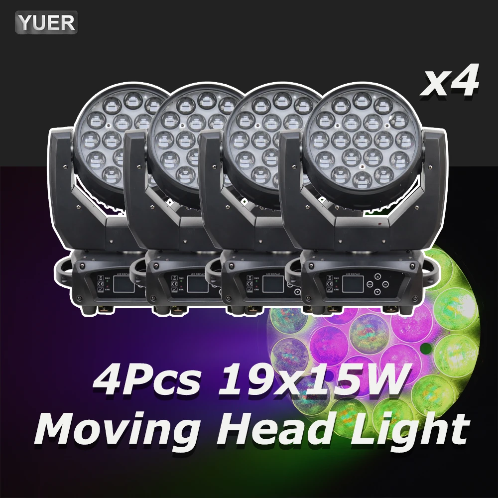 4PCS/Lot LED Lighting Equipment 19x15W RGBW Beam+Wash Zoom Moving Head Light DJ Disco Party Bar Dance Floor Stage Effect