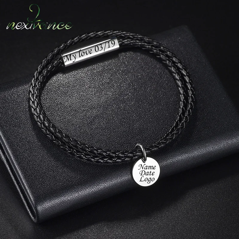 Nextvance Custom Engraved Name Date Couple Bracelets Stainless Steel Braided Leather Rope Double Circle For Women Jewelry Gifts