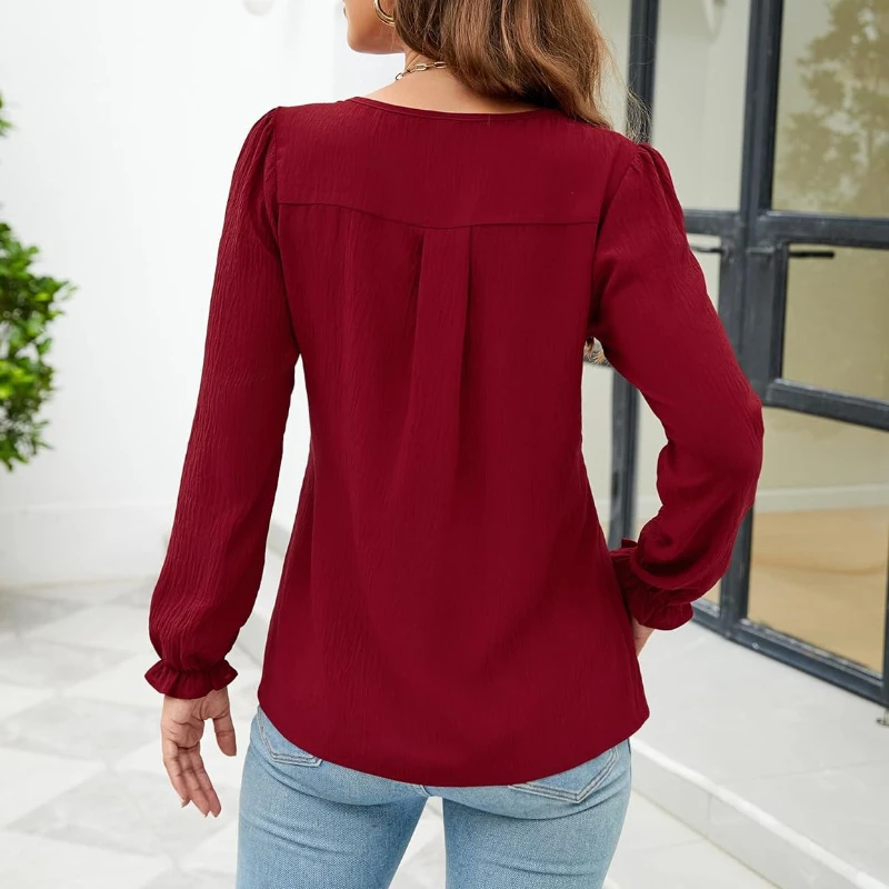 قمصان شيفون نسائية برقبة على شكل V وأكمام طويلة تونيك علوية بلون سادة بلوزة فضفاضة غير رسمية مطوي الربط البلوز #2