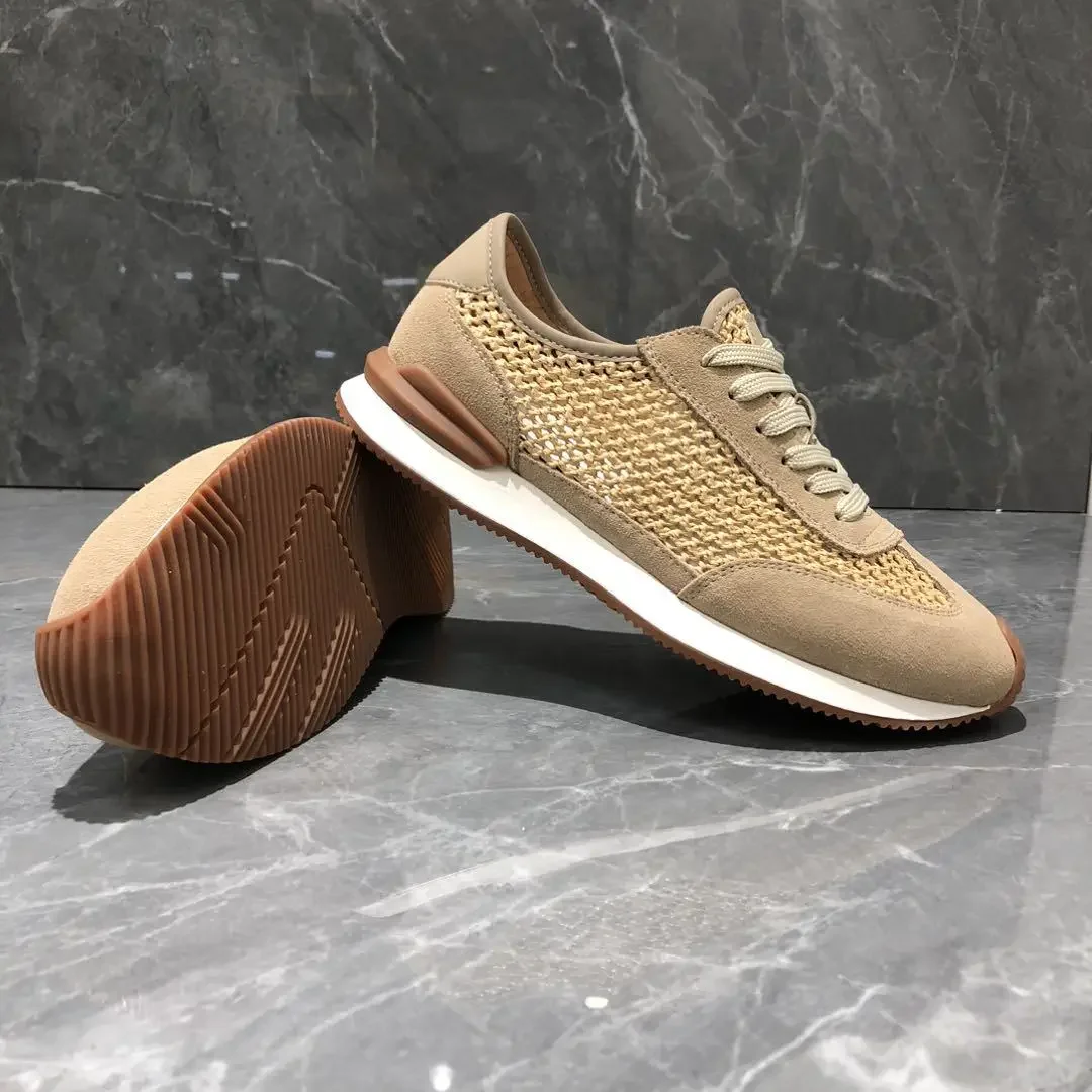 Men's Casual Shoes Top Layer Cowhide Hollow Out Breathable Apricot Color Summer Leisure Shoes Round Toe EVA Outsole