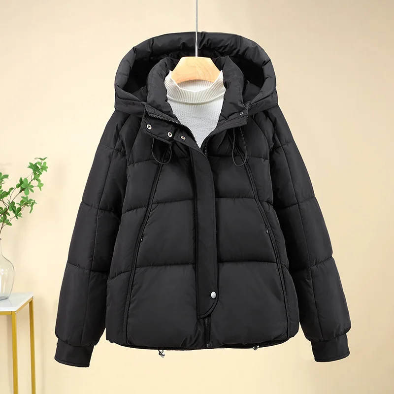 Women Short Oversize Parkas Coats Hooded Jacket Solid Drawstring Hem Zipper Looose Fit Thick Casual Office Lady Winter 2025
