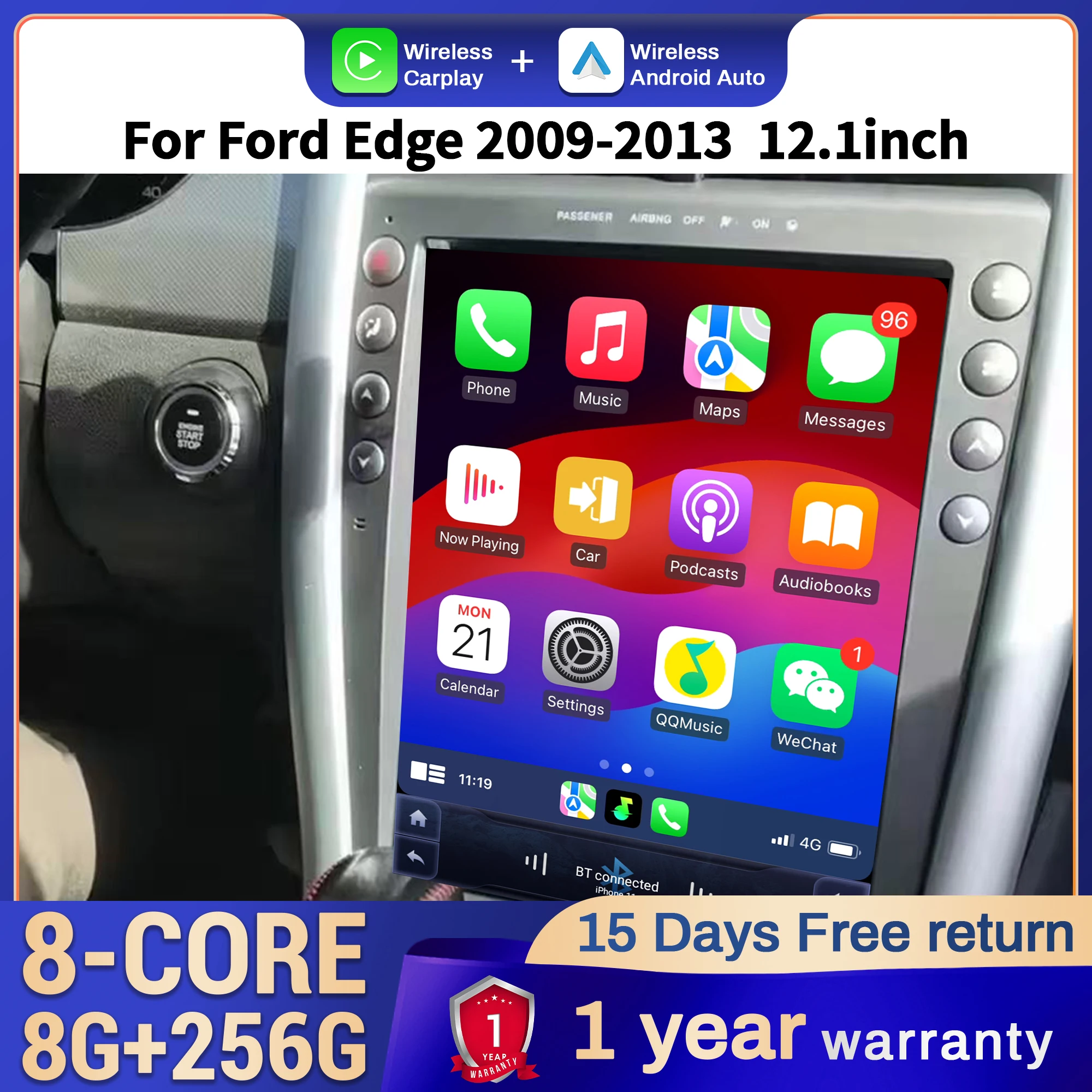 12.1 inch Car Radio For Ford Edge 2009-2013 Android 14 4G GPS Head Unit Wireless Bluetooth CarPlay Touch Screen Stereo System
