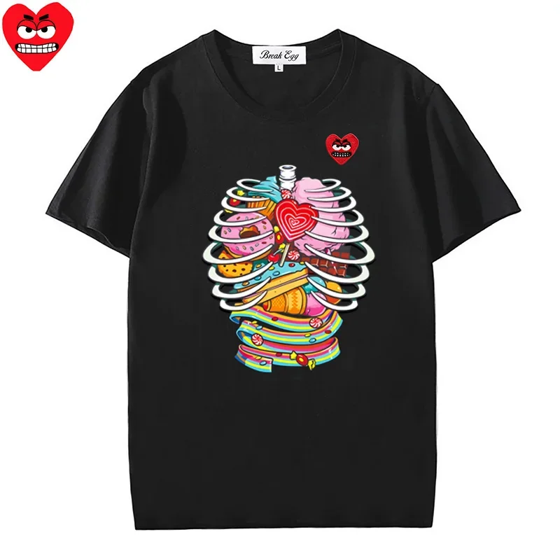 Diverse Desserts Printing Women Men T-shirt Cotton Cute Snag Heart Embroidery O-neck Short-sleeved Straight Summer T-shirt