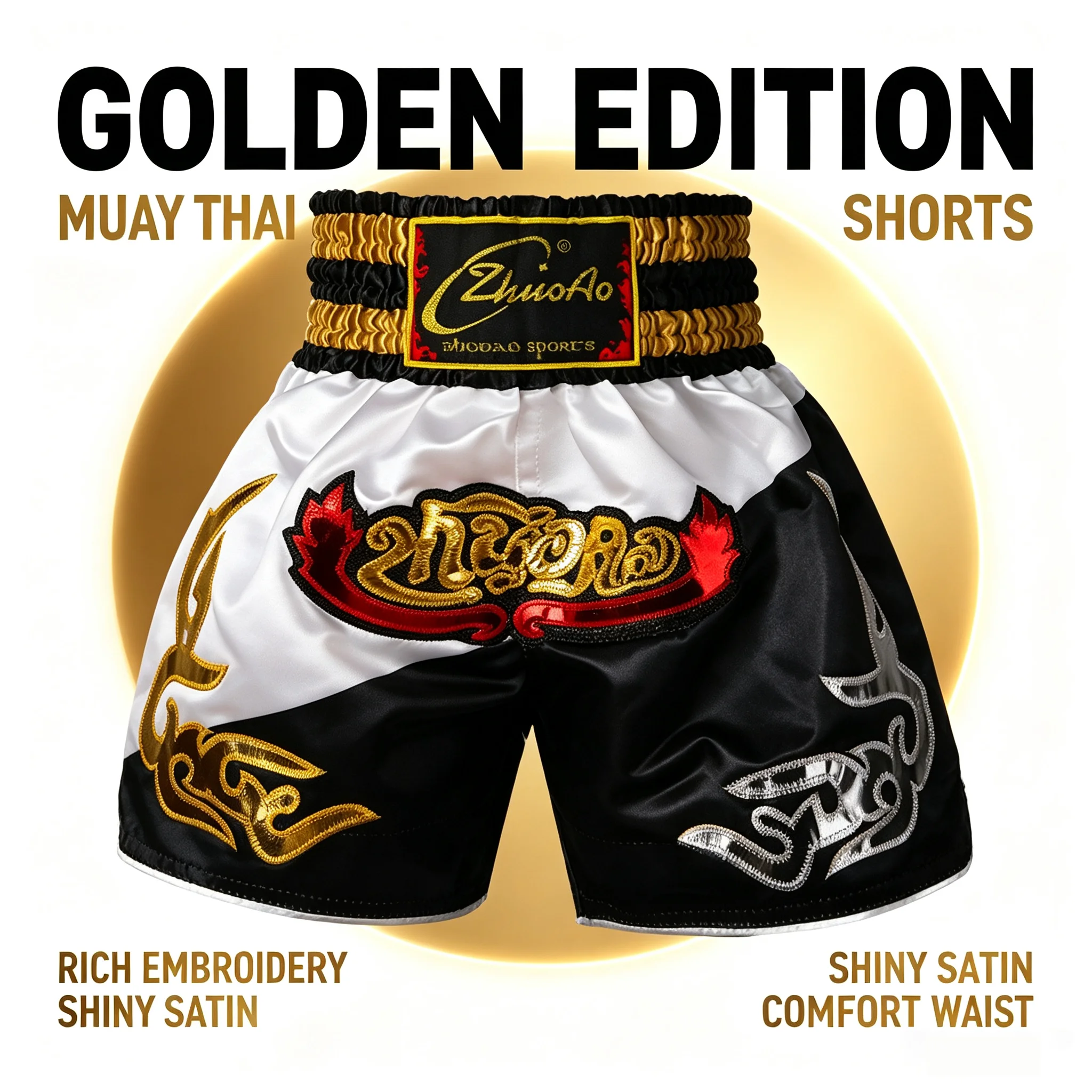 Traditionelle Goldene Schwarze Muay Thai Shorts Boxshorts mit Stickerei aus Satin für Männer, Frauen und Kinder Kampfsport Kickbox-Trainingshosen