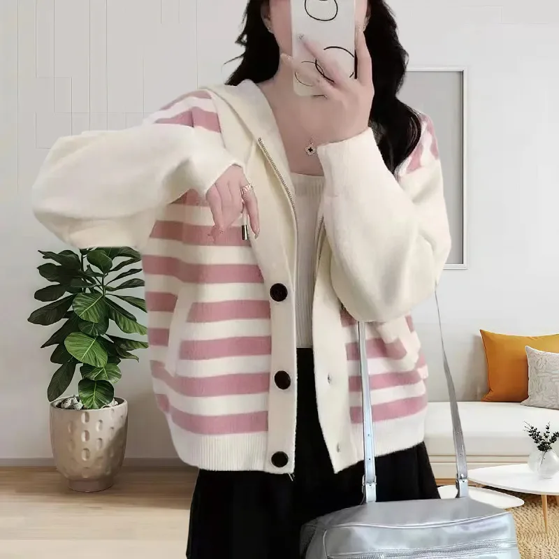 

Fake Two Hooded Sweater Jackets for Women 2025 Spring and Autumn New Korean Loose Striped Knitted Cardigan Top