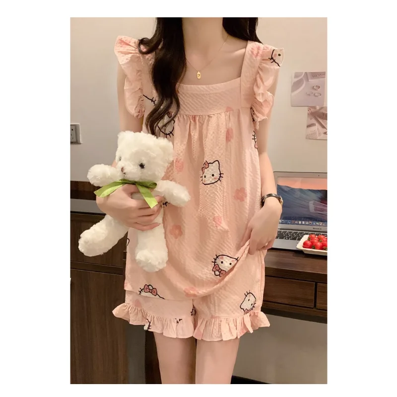 Sanrio New Hello Kitty Ice Silk Sling Pajamas Cute Cartoon Casual and Comfortable Cool Breathable Lightweight Home Sexy Pajamas