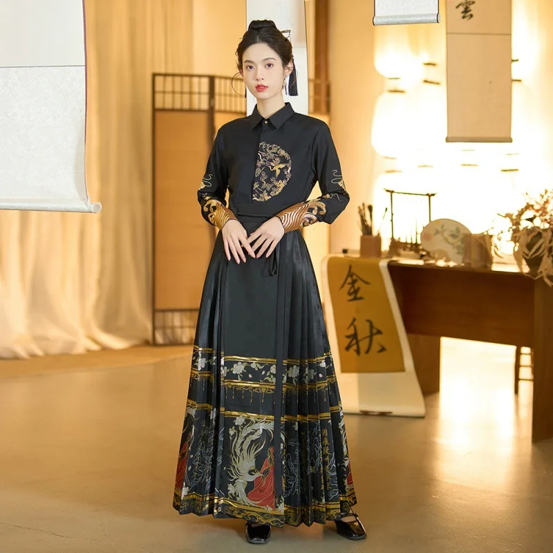 Chinese Hanfu Men Woman 2023 Fashion Skirt  Return Embroidered Top Woven Gold Horse Face Dress Set Daily Improve  Costume Hanbok