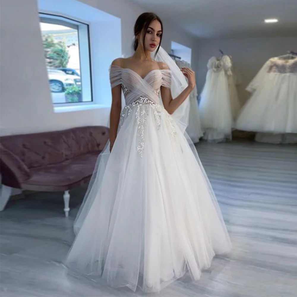 

ANGELSBRIDEP Elegant Tulle Wedding Dress For Women 2022 Off The Shoulder Lace Appliques Long Vestidos De Novia robe de mariée