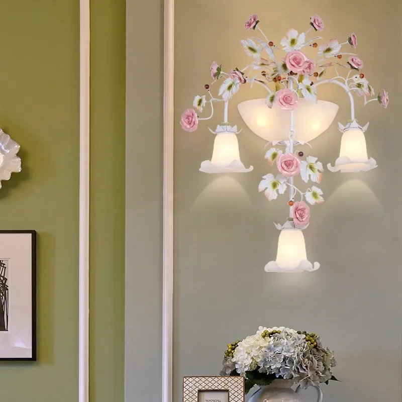Creative Handmade Wrought Iron Rose Flower Wall Lamp LED Art Light for Living Room Bedroom Aisle Stairs Home Decor
