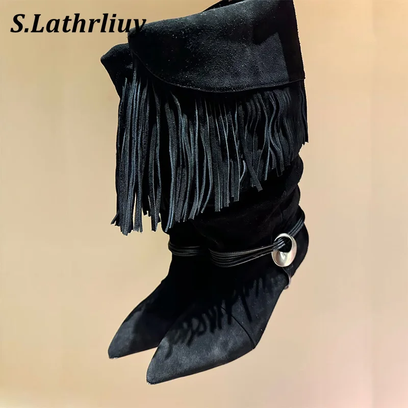 

Autumn Winter Tassels Metal Buckle Lace Up Short Boots Women's Cow Suede Pointed Toe Ankle Boots Pleated Cat Heels Knight Botas