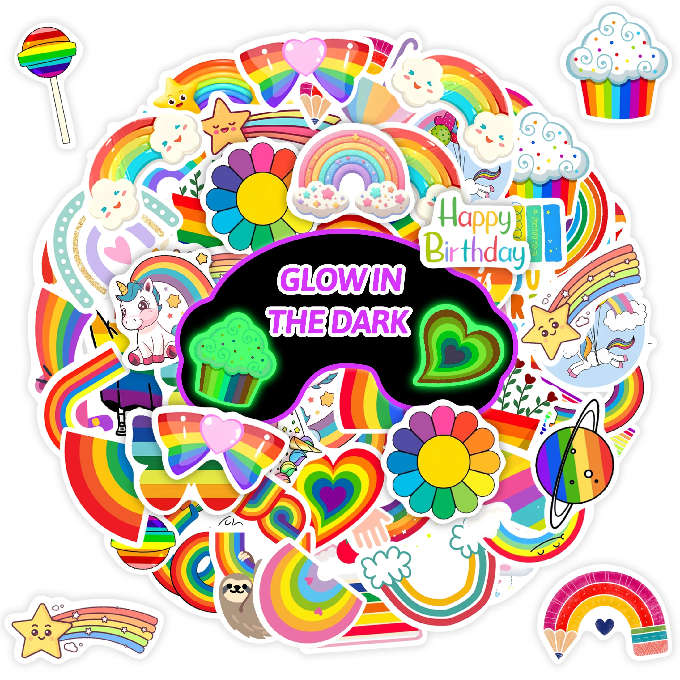 สติกเกอร์รุ้งน่ารักลายการ์ตูนเรืองแสงในที่มืด50แผ่น, ขวดน้ำกันน้ำ, สติกเกอร์สมุดบันทึก,