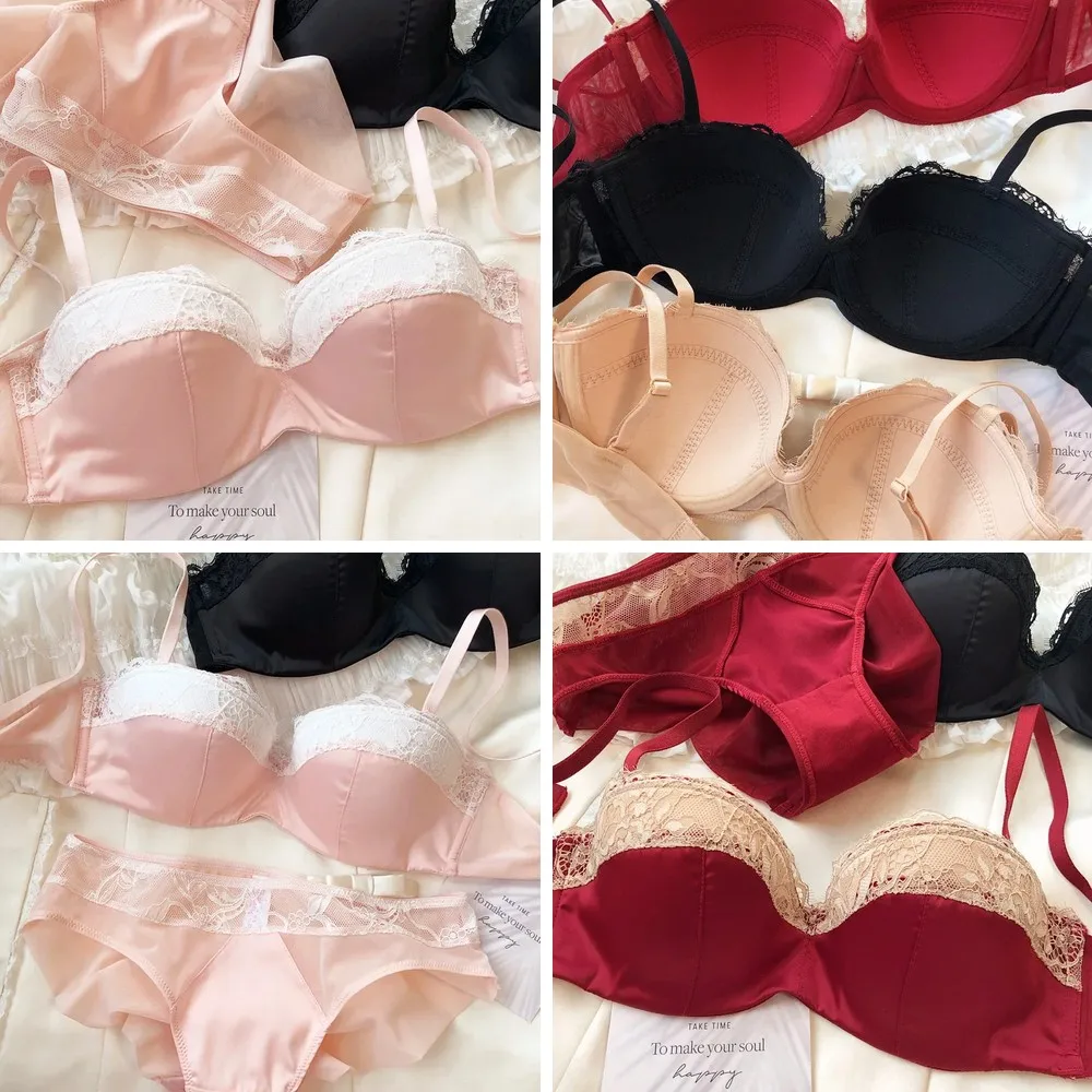 

Sexy Lace Satin Half Cup Bra & Panty Set, Push Up Underwear with Soft Steel Ring for Large Breasts