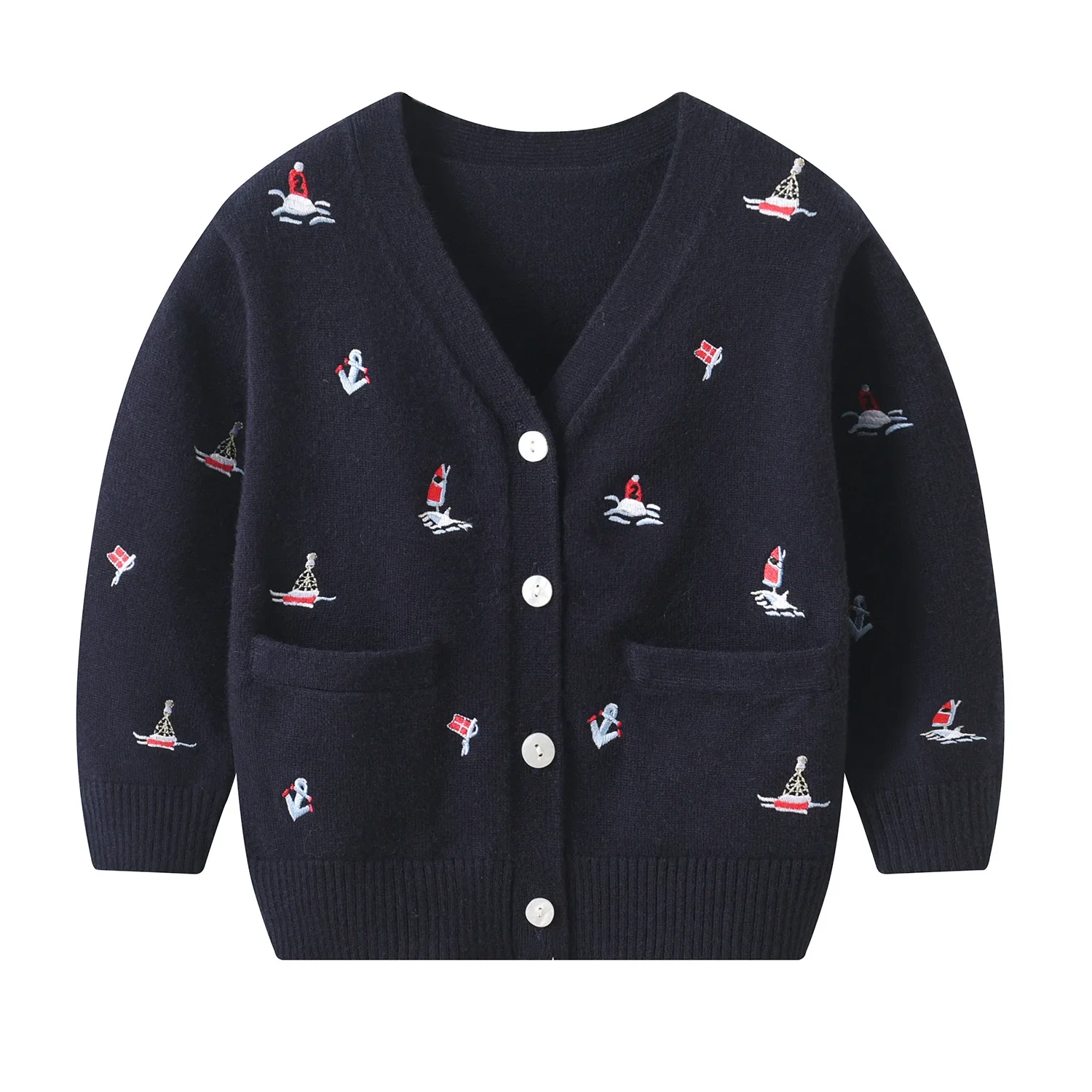 

2024 Kids Boy Knit Cardigan for Autumn Winter Children Boys Sailboat Embroidery V-neck Knitted Sweater Infants Warm Knitwear