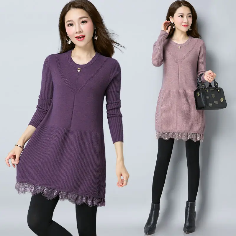 Autumn New Sweater Simplicity Patchwork Lace Solid Color O-neck Long Sleeve Knitting Mid Length Top Ladies All-match Pullovers