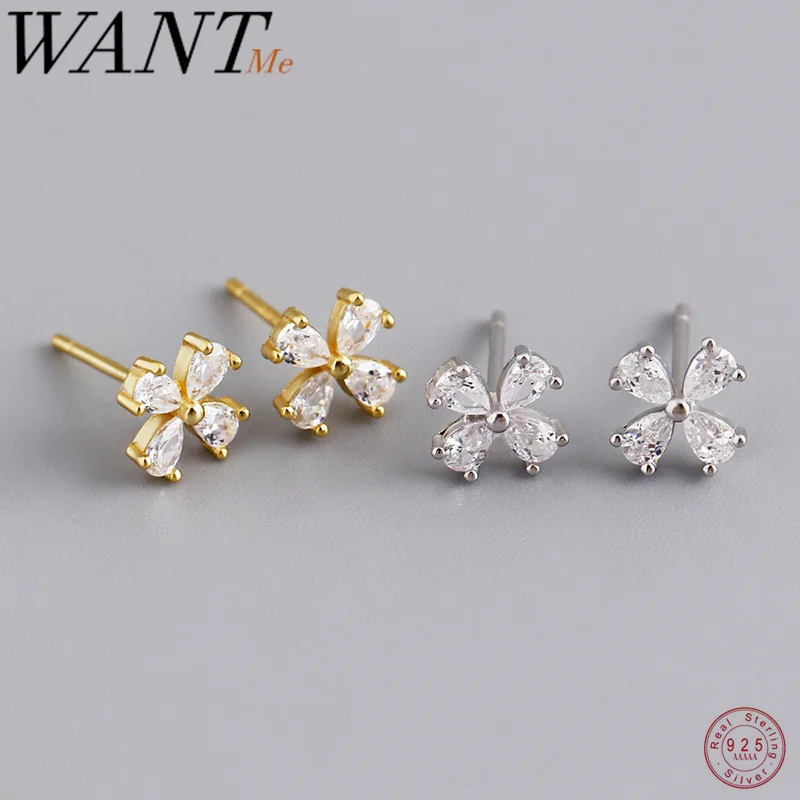 

WANTME 925 Sterling Silver Romantic Four-petal Flower Shiny Zircon Stud Earrings for Women Fashion Korean Girl Ear Bone Jewelry