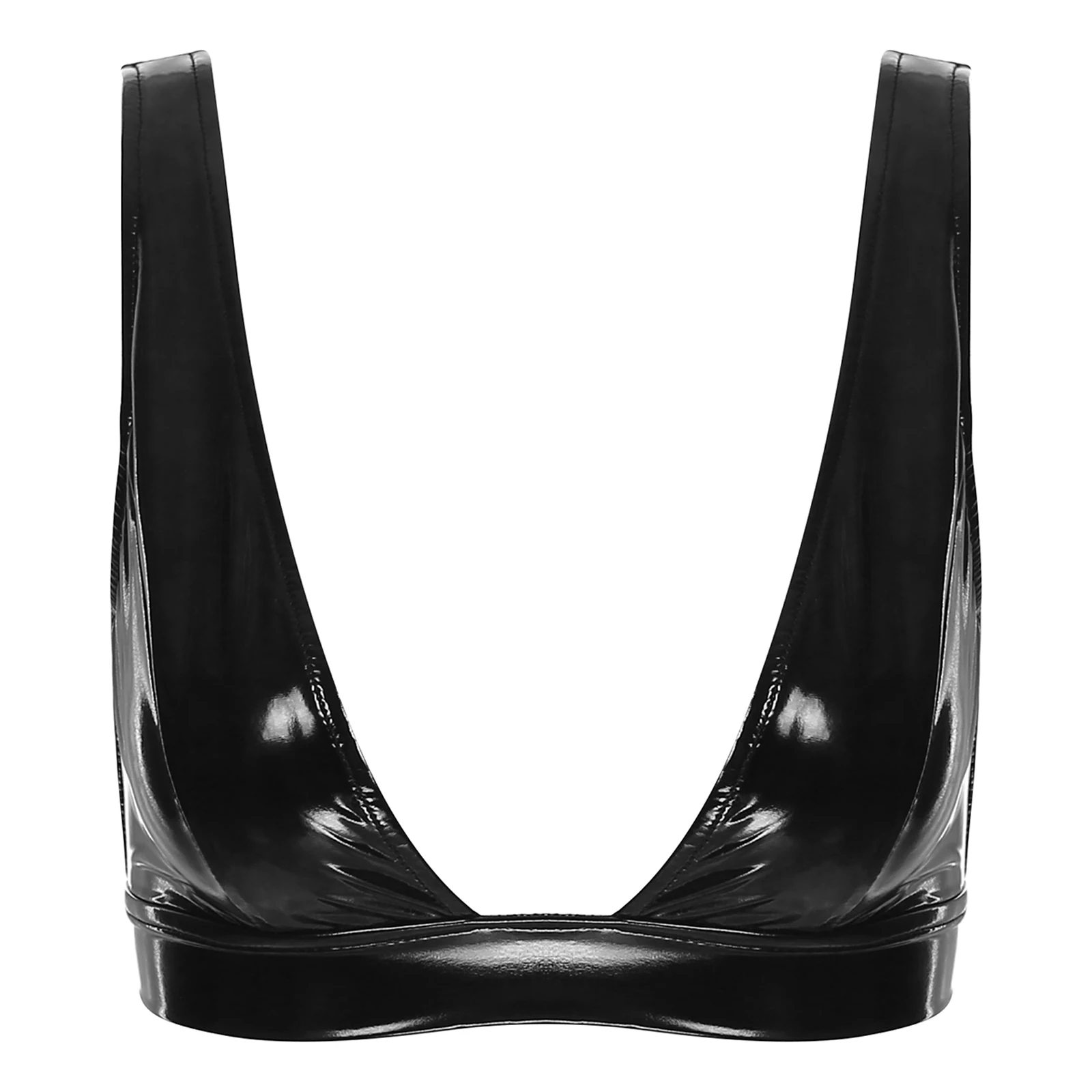 Womens Lingerie Glossy Brassiere Wide Shoulder Strap Bra Top Wet Look Patent Leather Low-Cut Crop Tank Top Vest Clubwear