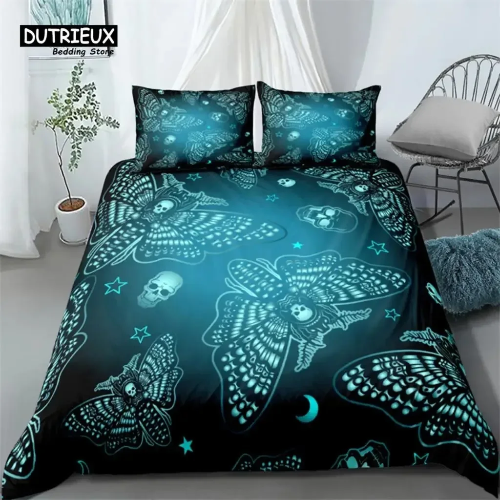 

Gothic Skull Bedding Set Decorative Death Moth And Flowers Print Duvet Cover Personalized Skeleton Bones Butterfly Pillowcases