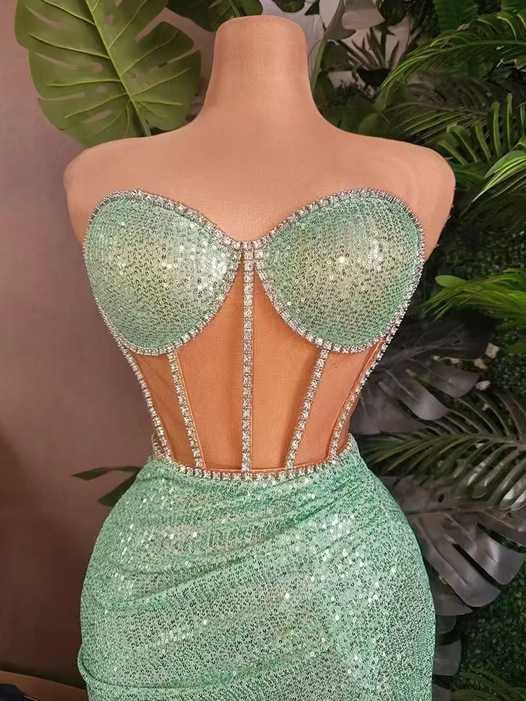 สีเขียว Glitter เซ็กซี่ชุดผู้หญิง STAGE เครื่องแต่งกาย Elegant Ball Gowns ชุดวันเกิด Dancehall RAVE ชุด yj002