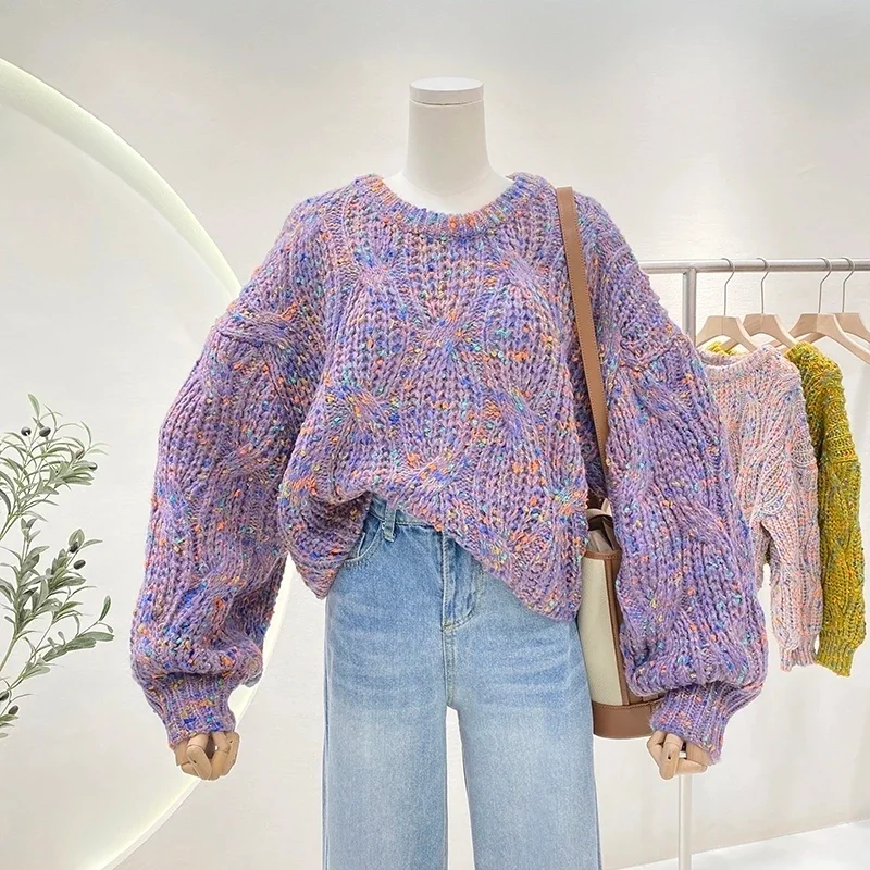 

Толстый вязаный шерстяной топ. Универсальный и стильный свободный короткий пуловер с рукавами-фонариками.