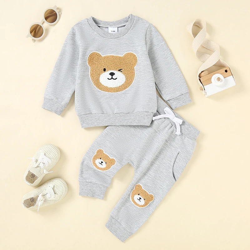 Baby 2 Piece Fall Outfit Bear Embroidery Long Sleeve Sweatshirt and Elastic Pants Set for Newborn Infant Fall Clothes