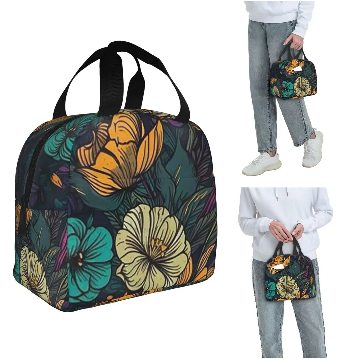 

Purple Flower Vintage Pattern Insulated Lunch Bag for Women Kids Portable Food Boxes Thermal Lunch Box Tote