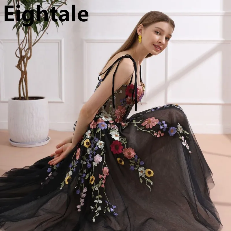 

Eightale 2025 Short Black Prom Dress Colorful Applique Floral Corset Evening Dress Women Formal Party Gown Robes De Soirée