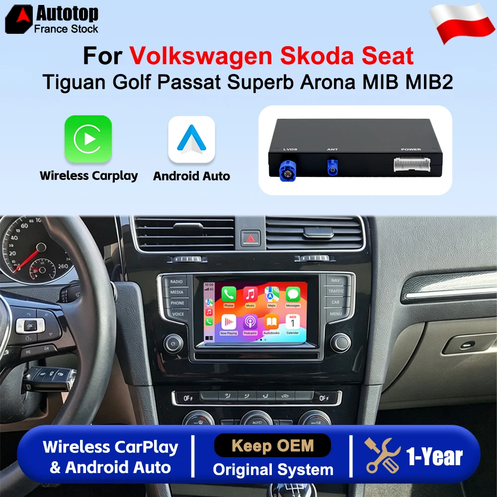 AUTOTOP CarPlay Wireless Android Auto per Volkswagen Golf 7 Tiguan Passat B8 Nuovo Polo Skoda Superb Octavia Seat Arona Nuovo Leon MIB MIB2 Box Decoder di Aggiornamento Modulo Auto Multimediale Mirror