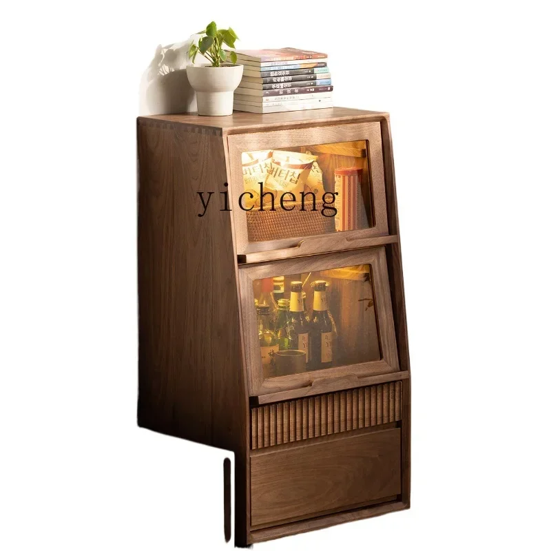 black walnut TV side cabinet living room solid wood furniture sofa stand cabinet flip glass door chest cabinet