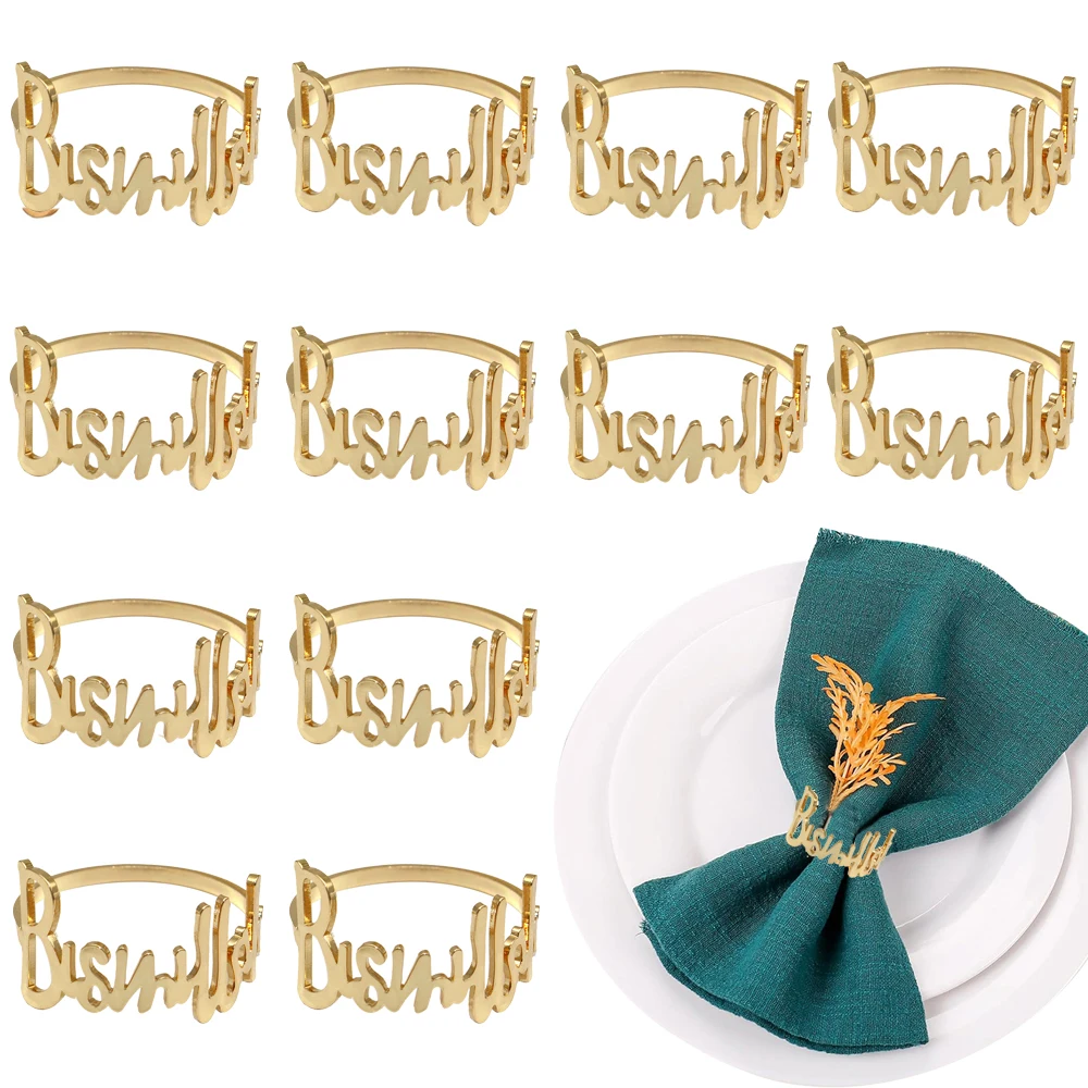 12Pcs Gold Christmas Napkin Rings Bismillah Letter Napkin Holder for Christmas Wedding Party Thanksgiving Holiday Table Decor