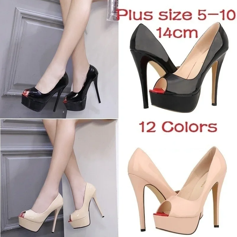 Women Pumps Sexy Peep Toe Platform 14cm Super High Heels Patent Leather Pumps Black Party Dress Red Wedding Shoes Stilettos