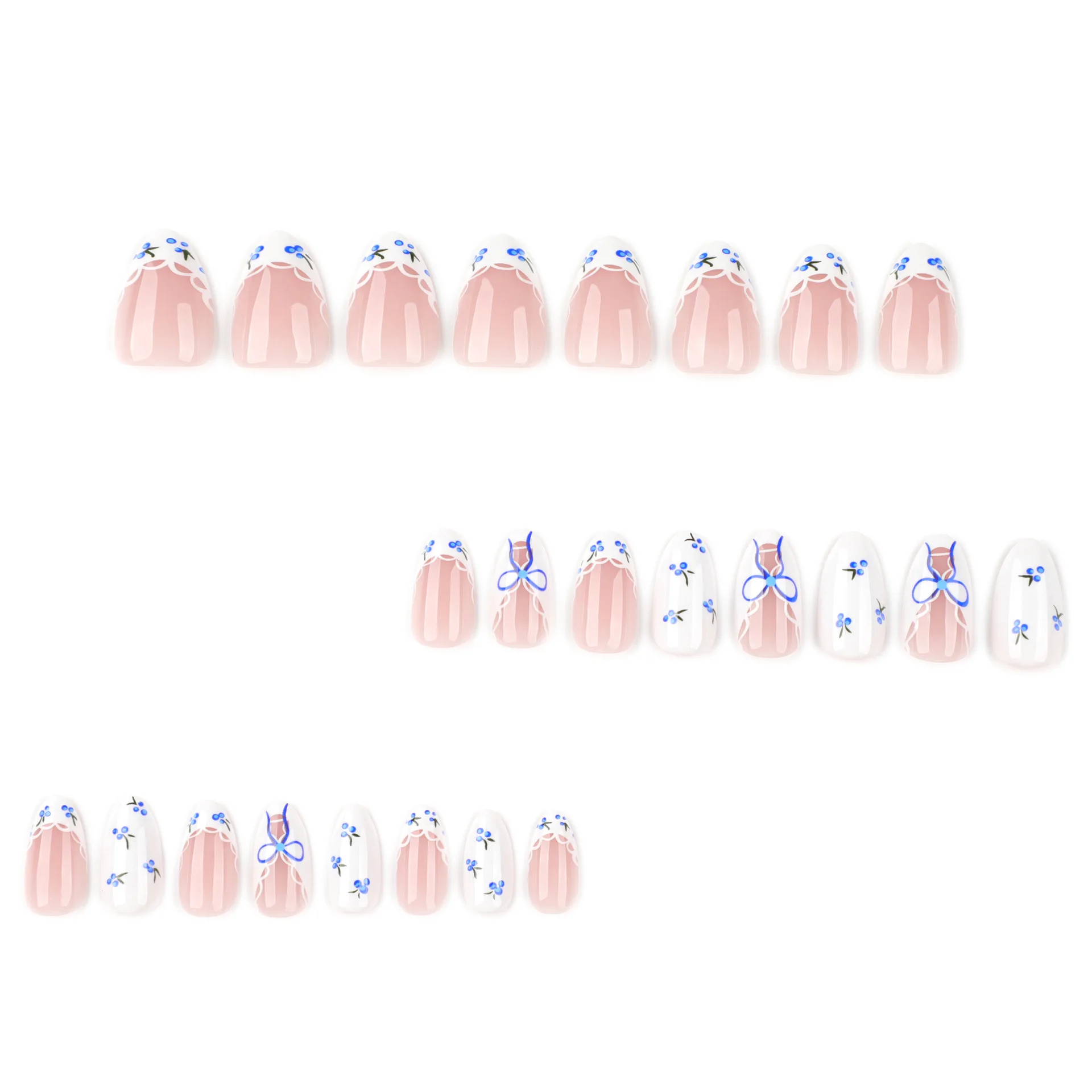 24pcs Simple Little Fresh Fake Nails Blue Bowknots Blueberry Pattern Press On Nail White Short Almond French Style False Nails