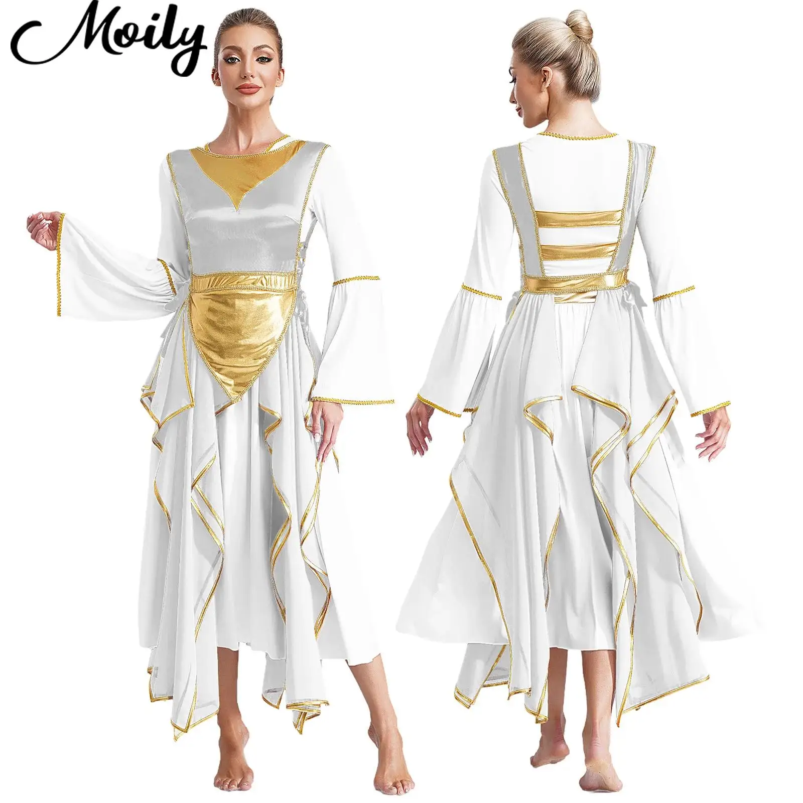 

Womens Praise Lyrical Dance Dresses Chior Performance Worship Liturgical Dancewear Metallic Sides Split Lace-up Irregular Tunic