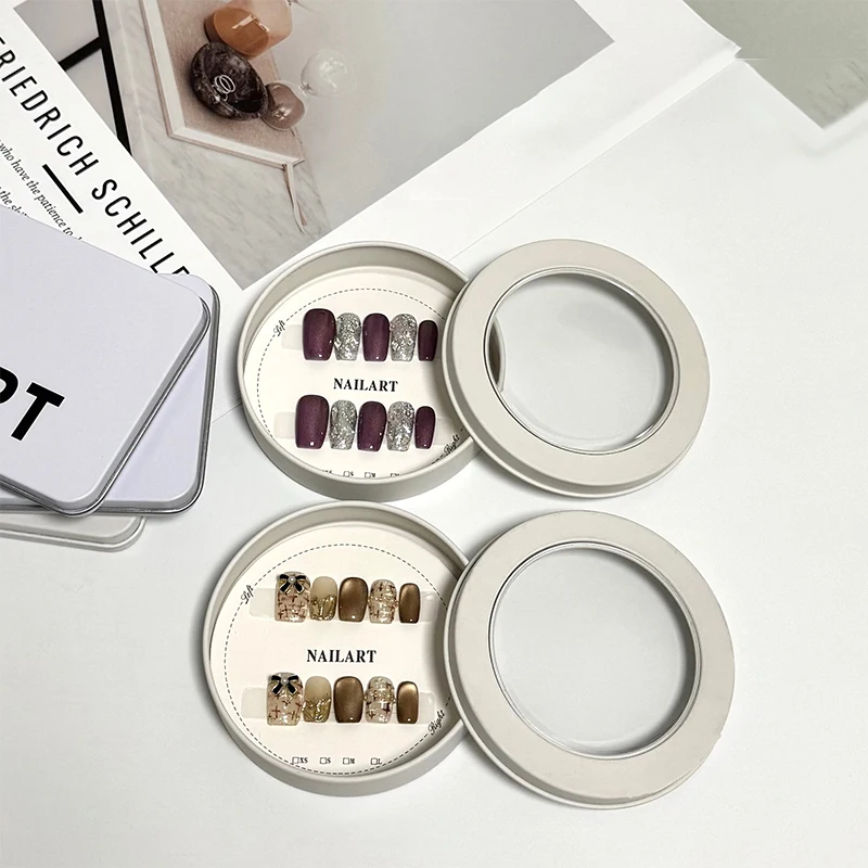 &False Nail Press On Wearing Circular Iron Display Box With Display Card Nail Packing Box For Fake Nails Finished Product